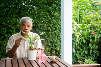 快乐和微笑亚洲老上了年纪的男人。种植为爱好后退休首页概念快乐生活方式和好健康为老年人