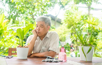 快乐和微笑亚洲老上了年纪的男人。种植为爱好后退休首页概念快乐生活方式和好健康为老年人