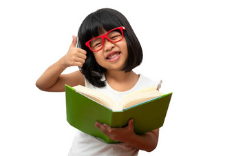 快乐亚洲小学前<strong>教育</strong>女孩穿<strong>红色</strong>的眼镜持有绿色书和拇指白色孤立的背景概念学校孩子和<strong>教育</strong>小学和学前<strong>教育</strong>首页学校