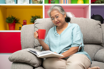 高级女人阅读书享受和放松保持独自一人首页享受退休和时间隔离爷爷奶奶哪社会距离庆祝活动首页上了年纪的最喜欢的消遣