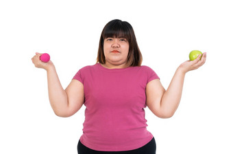 超重亚洲女人坐着和持有<strong>绿色</strong>苹果和哑铃孤立的白色背景概念饮食<strong>健康</strong>哪和吃食物那好为好<strong>健康</strong>和锻炼锻炼