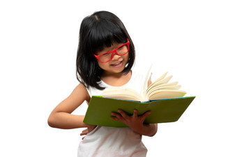 快乐亚洲小<strong>学前</strong>教育女孩穿红色的眼镜持有和读绿色书白色孤立的<strong>背景</strong>概念学校孩子和教育小学和<strong>学前</strong>教育首页学校