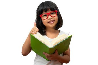 快乐亚洲小学前<strong>教育</strong>女孩穿红色的眼镜持有绿色书和拇指白色孤立的<strong>背景</strong>概念学校孩子和<strong>教育</strong>小学和学前<strong>教育</strong>首页学校