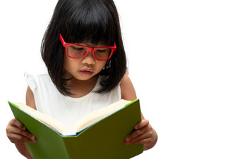 快乐亚洲小学前<strong>教育</strong>女孩穿红色的眼镜持有和读绿色书白色孤立的<strong>背景</strong>概念学校孩子和<strong>教育</strong>小学和学前<strong>教育</strong>首页学校
