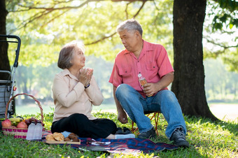 快乐老上了年纪的夫妇配偶放松和坐着毯子的公园和分享几珍贵的记忆高级夫妇有伟大的时间在一起野餐概念成熟的的关系