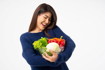 肖像美丽的微笑亚洲女人持有碗完整的新鲜的有机蔬菜孤立的白色背景概念健康的食物营养概念健康的食物<strong>营养素</strong>食者
