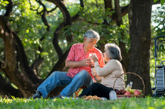 快乐老上了年纪的夫妇配偶放松和坐着毯子的<strong>公园</strong>和分享几珍贵的记忆高级夫妇有伟大的时间在一起<strong>野餐</strong>概念成熟的的关系