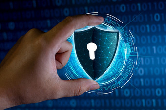商人摇手保护信息网络空间商人持有盾保护图标保护网络安全电脑和安全你的数据概念
