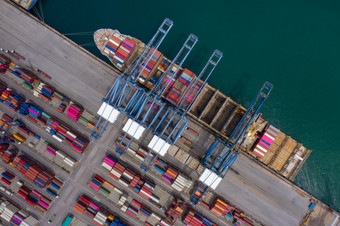 航运港口和容器船出口和进口业务和物流航运货物港起重机水运输国际空中视图
