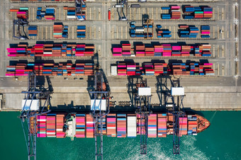 业务服务和行业航运货物容器运输物流的海和航运港口加载和卸货起重机和预告片空中前视图从无人机相机