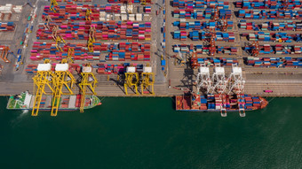 容器船加载和卸货海港口空中视图业务物流进口和出口<strong>运费</strong>运输容器船港容器加载货物<strong>运费</strong>船