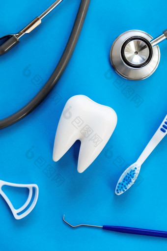 牙科模型和牙科设备蓝色的背景概念图像牙科背景牙科卫生背景