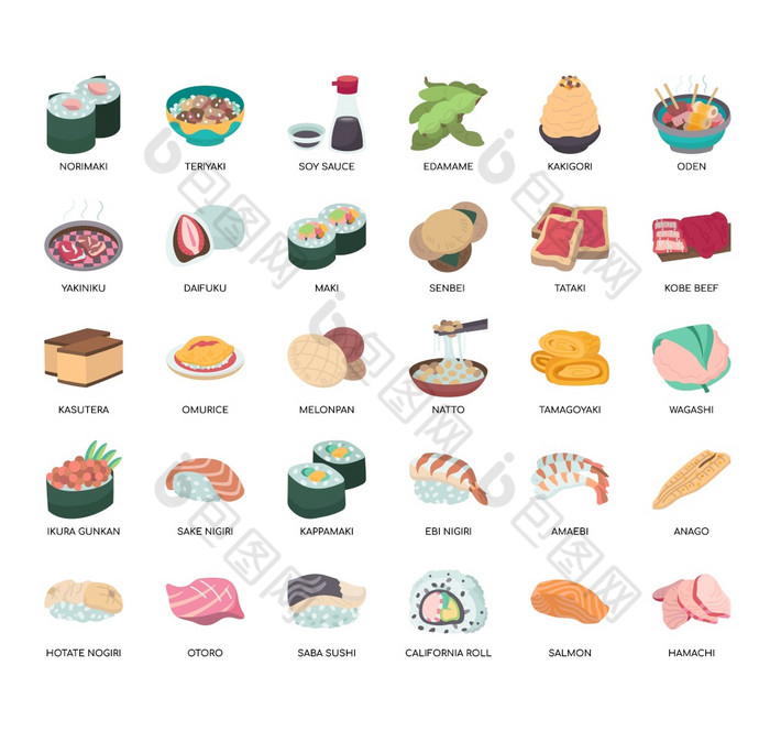 集日本食物薄行和像素完美的图标为任何网络和应用程序项目