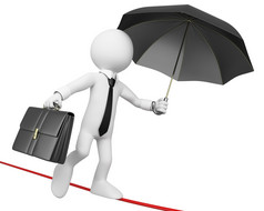 白色业务人做平衡与公文包和伞图像孤立的白色背景
