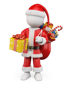 白色圣诞节人圣诞老人老人与礼物和他的袋孤立的白色背景