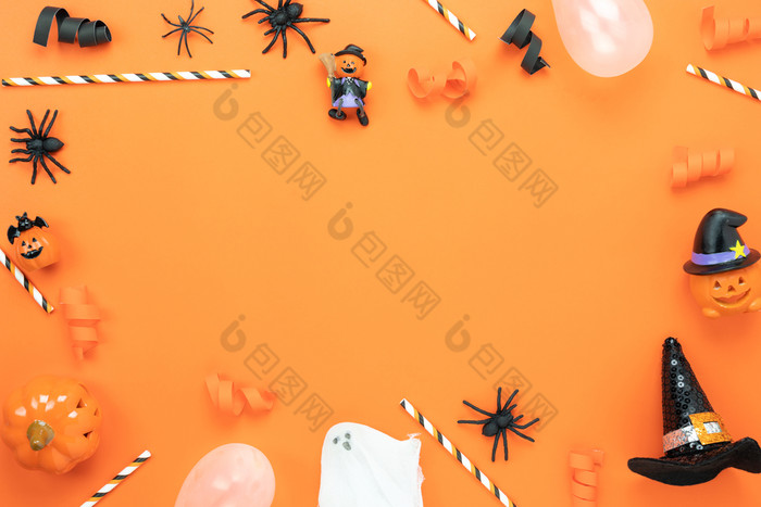 表格前视图空中图像装饰快乐万圣节一天背景conceptflat躺配件至关重要的对象聚会，派对的南瓜纸五彩纸屑橙色paperspace为有创意的设计