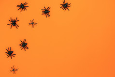 表格前视图空中图像装饰快乐万圣节一天背景conceptflat躺配件至关重要的对象聚会，派对的黑色的蜘蛛橙色papercopy空间为有创意的设计模拟