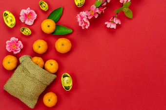 中国人语言的意思是丰富的富有的和快乐前视图空中图像装饰中国人新一年月球新一年假期背景概念平躺橙色与开花现代红色的木