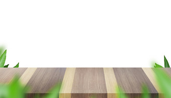 空木板材表格前绿色芒果叶为地面与白色背景模拟为显示产品模拟为做广告社会媒体夏天概念