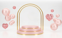 呈现粉红色的讲台上步骤与黄金门形状和心形状浮动