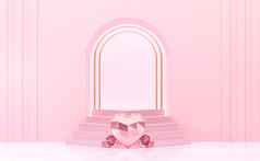 呈现粉红色的门和工作室背景与领奖台步骤和多边形心玫瑰为产品