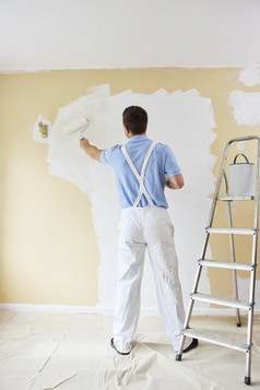 后视图男人。穿工作服绘画墙房间房子与油漆辊