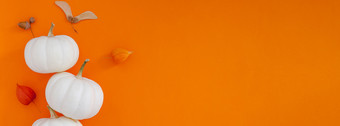 秋<strong>天平</strong>躺作文与白色南瓜和干叶子大胆的橙色颜色<strong>背景</strong>有创意的秋天感恩节秋天万圣节概念前视图复制空间