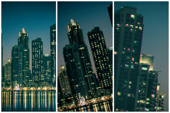 晚上城市景观迪拜城市反射的水拼贴画与彩色abberations故障风格