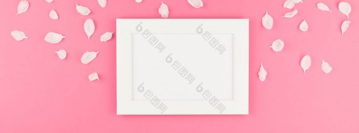 有创意的平躺概念前视图白色框架模拟和苹果树花花瓣柔和的粉红色的背景与复制空间最小的风格模板为文本长宽横幅