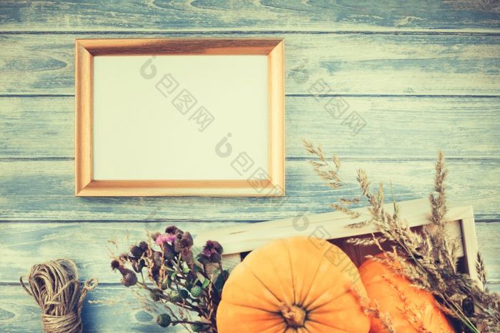 前视图秋天橙色南瓜和干花与草感恩节背景在蓝色的健美的木表格与金框架模拟和复制空间乡村风格模板为文本