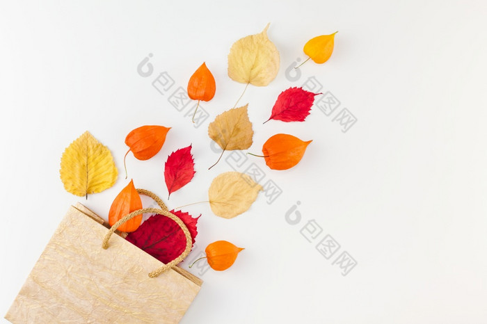 有创意的前视图平躺秋天作文购物袋干橙色花叶子背景复制空间模板出售模型秋天收获感恩节万圣节促销活动传单