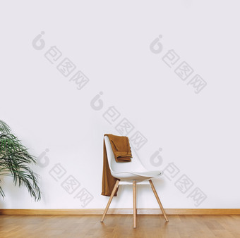 在室内平墙模型与绿色盆栽室内植物和椅子与衣服极简主义风格室内艾里光斯堪的那维亚风格与木地板上