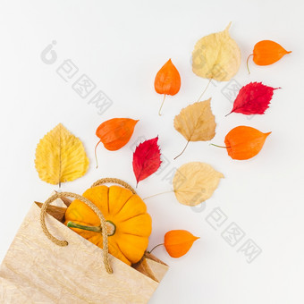 有创意的前视图平躺秋天作文购物袋干橙色花叶子背景复制空间广场模板出售模型秋天收获感恩节万圣节促销活动传单