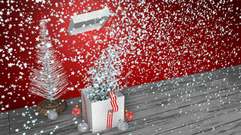 白色礼物盒子与红色的丝带爆炸内部大数量白色星星的盒子成员苍蝇出的盒子灰色的木地板上红色的背景和白色圣诞节树和装饰球的地板上插图白色礼物盒子与红色的丝带爆炸内部大数量白色星星的盒子成员苍蝇出的盒子灰色的