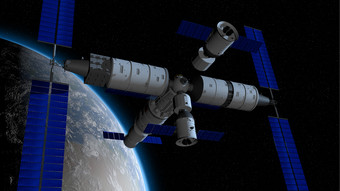 神舟载人空间船的方向耦合的天河核心模块天宫中国人空间站与的地球地球后面黑色的空间与星星背景插图神舟载人空间船的方向耦合的天宫中国人空间站与的地球地球后面黑色的空间与星星背景插图