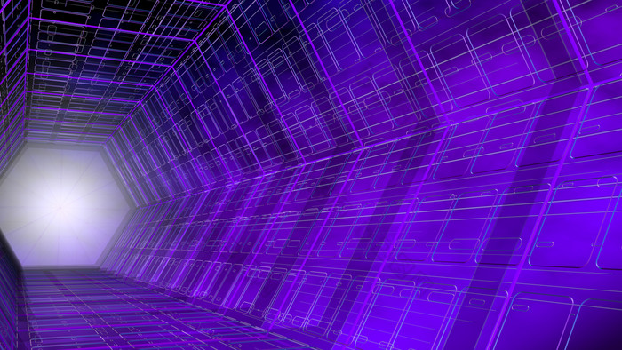 未来主义的背景一边视图隧道与六角形状结构紫色的和蓝色的与白色光的背景插图