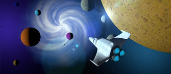 幻想场景白色宇宙飞船与涡轮基斯在的星系与行星不同的颜色周围宽格式插图