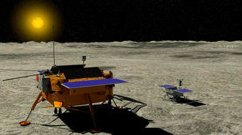 <strong>月球</strong>探索车辆yutu滚动在的表面月亮与的中国常<strong>月球</strong>探针和的太阳的背景插图