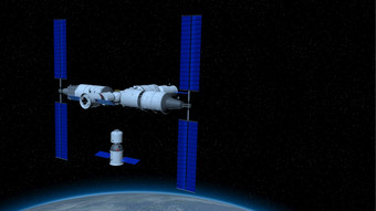 神舟载人空间船的方向耦合的天河核心模块天宫中国人空间站与的地球地球下面黑色的空间与星星背景插图神舟载人空间船的方向耦合的天宫中国人空间站与的地球地球下面黑色的空间与星星背景插图