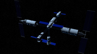 的插图显示的模块的天宫中国人空间站的方向耦合的天河核心模块黑色的空间与星星背景插图天宫中国人空间站模块的方向耦合的天河核心模块黑色的空间与星星背景插图
