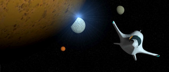 幻想场景白色宇宙飞船与涡轮基斯在的星系与行星不同的颜色周围宽格式插图