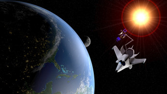 幻想空间航天飞机放置的轨道地球地球通信卫星与的月亮和的太阳的背景插图