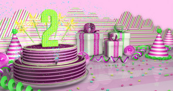 紫色的轮生日蛋糕装饰与色彩斑斓的火花和粉<strong>红</strong>色的行明亮的表格与绿色<strong>飘带</strong>聚会，派对帽子和礼物盒子与粉<strong>红</strong>色的丝带和糖果的表格粉<strong>红</strong>色的<strong>背景</strong>插图紫色的轮生日蛋糕装饰与彩色的火花和粉<strong>红</strong>色的行表格与绿色<strong>飘带</strong>聚会，派