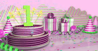 紫色的轮生日蛋糕装饰与色彩斑斓的火花和粉红色的行明亮的表格与绿色<strong>飘</strong>带聚会，派对帽子和礼物盒子与粉红色的丝带和糖果的表格粉红色的背景插图紫色的轮生日蛋糕装饰与彩色的火花和粉红色的行表格与绿色<strong>飘</strong>带聚会，派