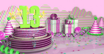 紫色的轮<strong>生日蛋糕</strong>装饰与色彩斑斓的火花和粉红色的行明亮的表格与绿色飘带聚会，派对帽子和礼物盒子与粉红色的丝带和糖果的表格粉红色的背景插图紫色的轮<strong>生日蛋糕</strong>装饰与彩色的火花和粉红色的行表格与绿色飘带聚会，派