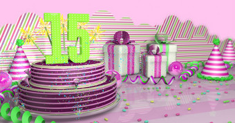 紫色的轮生日蛋糕装饰与色彩斑斓的火花和粉<strong>红</strong>色</strong>的行明亮的表格与绿色飘带聚会，派对帽子和礼物盒子与粉<strong>红</strong>色</strong>的丝带和糖果的表格粉<strong>红</strong>色</strong>的背景插图紫色的轮生日蛋糕装饰与彩色的火花和粉<strong>红</strong>色</strong>的行表格与绿色飘带聚会，派