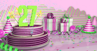 紫色的轮生日蛋糕装饰与色彩斑斓的火花和粉红色的行明亮的<strong>表格</strong>与绿色飘带聚会，派对帽子和礼物盒子与粉红色的丝带和糖果的<strong>表格</strong>粉红色的背景插图紫色的轮生日蛋糕装饰与彩色的火花和粉红色的行<strong>表格</strong>与绿色飘带聚会，派