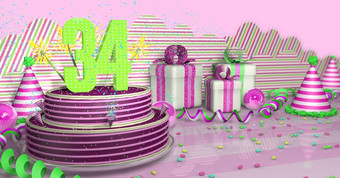紫色的轮生日蛋糕装饰与色彩斑斓的火花和粉红色的行明亮的表格与绿色<strong>飘带</strong>聚会，派对帽子和礼物盒子与粉红色的丝带和糖果的表格粉红色的背景插图紫色的轮生日蛋糕装饰与彩色的火花和粉红色的行表格与绿色<strong>飘带</strong>聚会，派