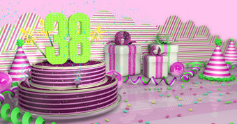 紫色的轮生日蛋糕<strong>装饰</strong>与色彩斑斓的火花和粉红色的行明亮的表格与绿色<strong>飘带</strong>聚会，派对帽子和礼物盒子与粉红色的丝带和糖果的表格粉红色的背景插图紫色的轮生日蛋糕<strong>装饰</strong>与彩色的火花和粉红色的行表格与绿色<strong>飘带</strong>聚会，派