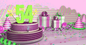 紫色的轮生日<strong>蛋糕</strong>装饰与色彩斑斓的火花和粉红色的行明亮的表格与绿色飘带聚会，派对帽子和礼物盒子与粉红色的<strong>丝带</strong>和糖果的表格粉红色的背景插图紫色的轮生日<strong>蛋糕</strong>装饰与彩色的火花和粉红色的行表格与绿色飘带聚会，派